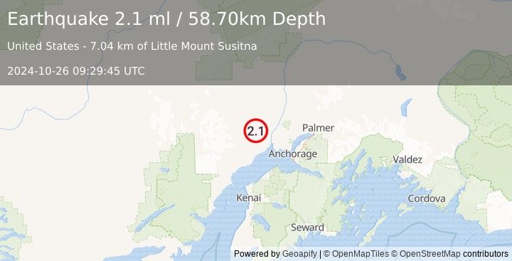 Earthquake 27 km W of Susitna, Alaska (2.1 ml) (2024-10-26 09:29:45 UTC)