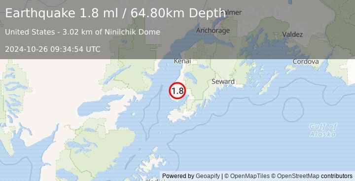 Earthquake 12 km NE of Nikolaevsk, Alaska (1.8 ml) (2024-10-26 09:34:54 UTC)