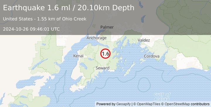 Earthquake 18 km NNE of Moose Pass, Alaska (1.6 ml) (2024-10-26 09:46:01 UTC)