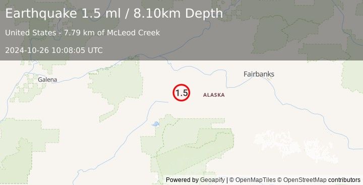 Earthquake 61 km SSW of Manley Hot Springs, Alaska (1.5 ml) (2024-10-26 10:08:05 UTC)