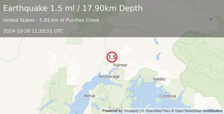 Earthquake 22 km NE of Willow, Alaska (1.5 ml) (2024-10-26 11:20:51 UTC)