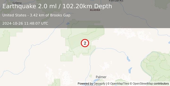 Earthquake 65 km N of Petersville, Alaska (2.0 ml) (2024-10-26 11:48:07 UTC)