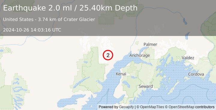 Earthquake 60 km WNW of Tyonek, Alaska (2.0 ml) (2024-10-26 14:03:16 UTC)