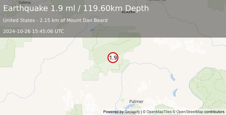 Earthquake 59 km N of Petersville, Alaska (1.9 ml) (2024-10-26 15:45:06 UTC)