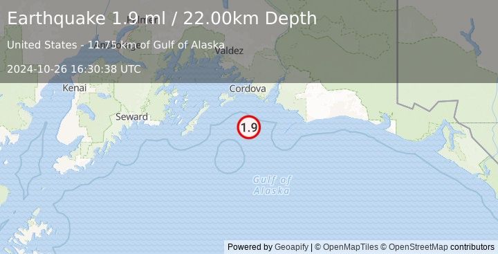 Earthquake 67 km S of Cordova, Alaska (1.9 ml) (2024-10-26 16:30:38 UTC)