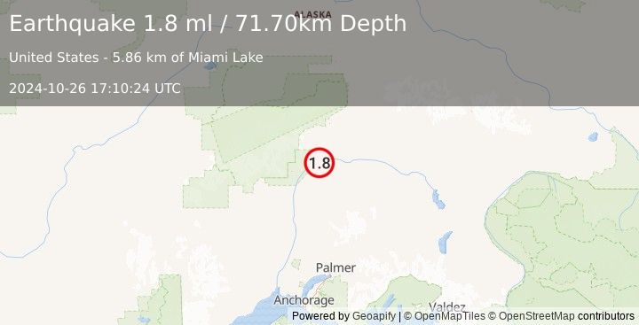 Earthquake 50 km NE of Chase, Alaska (1.8 ml) (2024-10-26 17:10:24 UTC)