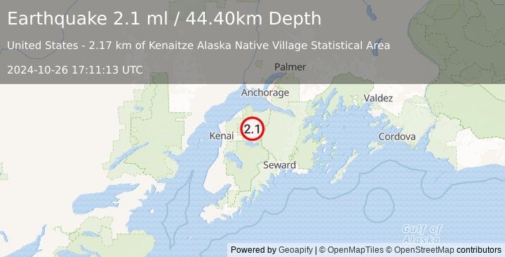 Earthquake 29 km ENE of Sterling, Alaska (2.1 ml) (2024-10-26 17:11:13 UTC)