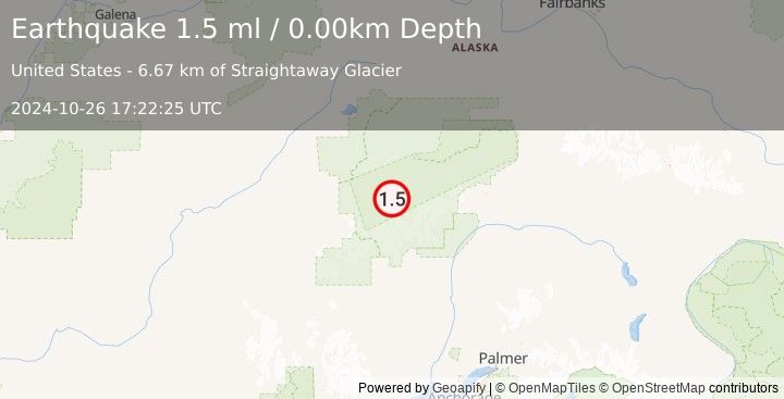 Earthquake 54 km SSE of Denali National Park, Alaska (1.5 ml) (2024-10-26 17:22:25 UTC)