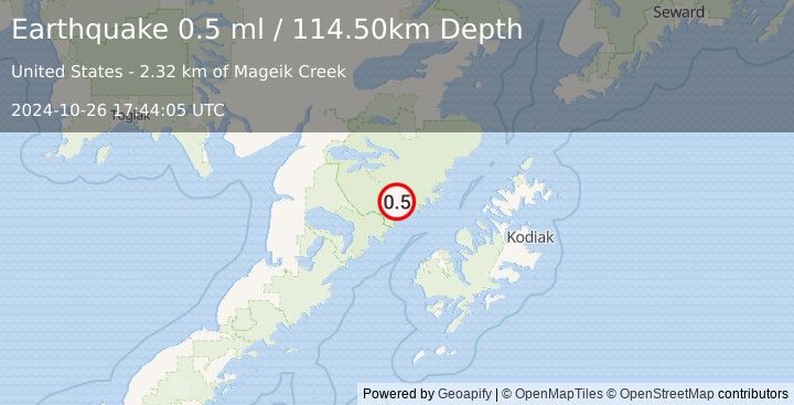 Earthquake 74 km NNW of Karluk, Alaska (0.5 ml) (2024-10-26 17:44:05 UTC)