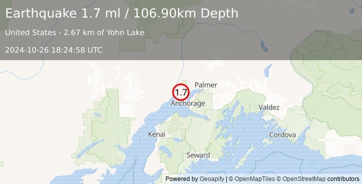 Earthquake 15 km NW of Point MacKenzie, Alaska (1.7 ml) (2024-10-26 18:24:58 UTC)