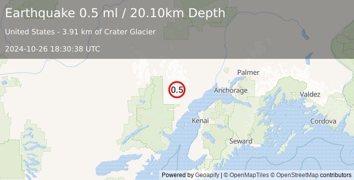 Earthquake 64 km WNW of Tyonek, Alaska (0.5 ml) (2024-10-26 18:30:38 UTC)