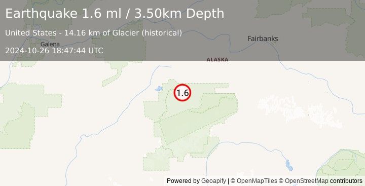 Earthquake 40 km NE of Denali National Park, Alaska (1.6 ml) (2024-10-26 18:47:44 UTC)