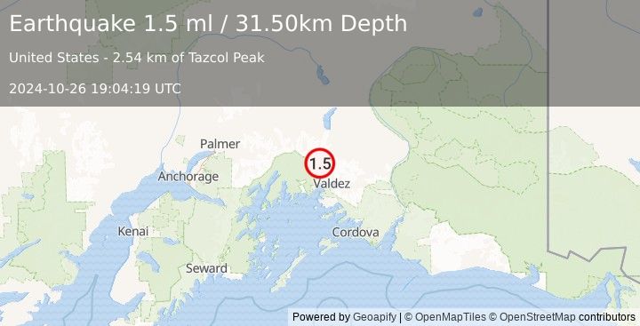 Earthquake 30 km NNW of Valdez, Alaska (1.5 ml) (2024-10-26 19:04:19 UTC)