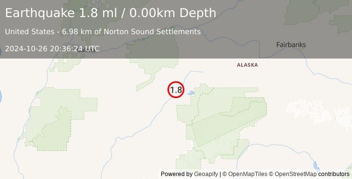 Earthquake 29 km WNW of Lake Minchumina, Alaska (1.8 ml) (2024-10-26 20:36:24 UTC)