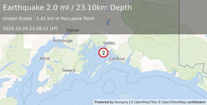 Earthquake 11 km SSW of Tatitlek, Alaska (2.0 ml) (2024-10-26 21:08:21 UTC)