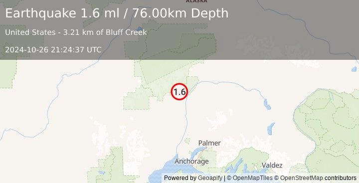 Earthquake 24 km NE of Petersville, Alaska (1.6 ml) (2024-10-26 21:24:37 UTC)