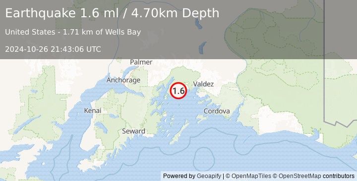 Earthquake 44 km WNW of Tatitlek, Alaska (1.6 ml) (2024-10-26 21:43:06 UTC)