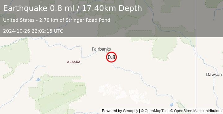 Earthquake 8 km SSE of Eielson Air Force Base, Alaska (0.8 ml) (2024-10-26 22:02:15 UTC)