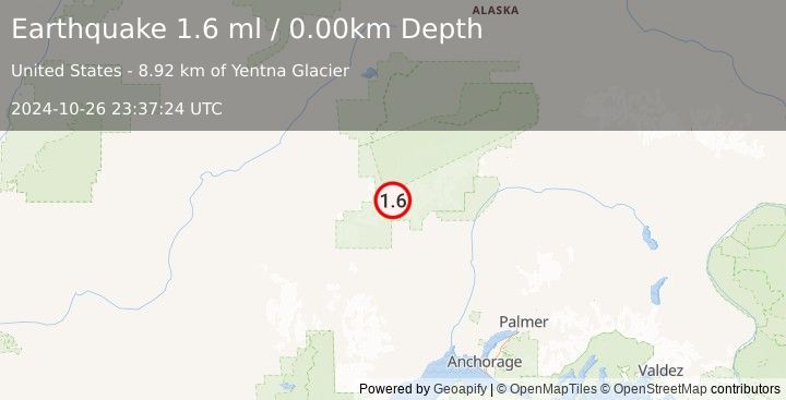 Earthquake 57 km WNW of Petersville, Alaska (1.6 ml) (2024-10-26 23:37:24 UTC)