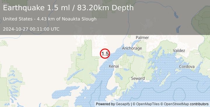 Earthquake 42 km W of Tyonek, Alaska (1.5 ml) (2024-10-27 00:11:00 UTC)