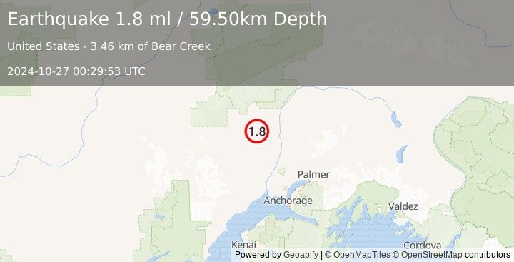 Earthquake 30 km S of Petersville, Alaska (1.8 ml) (2024-10-27 00:29:53 UTC)