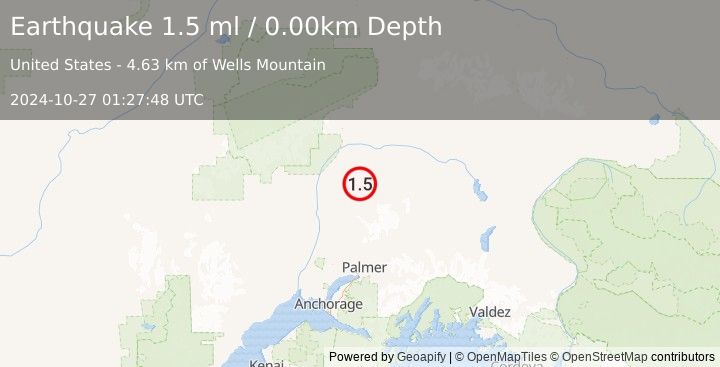 Earthquake 46 km E of Chase, Alaska (1.5 ml) (2024-10-27 01:27:48 UTC)