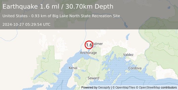 Earthquake 6 km ENE of Big Lake, Alaska (1.6 ml) (2024-10-27 05:29:54 UTC)