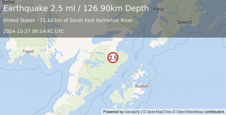 Earthquake 70 km SSE of Kokhanok, Alaska (2.5 ml) (2024-10-27 06:14:41 UTC)