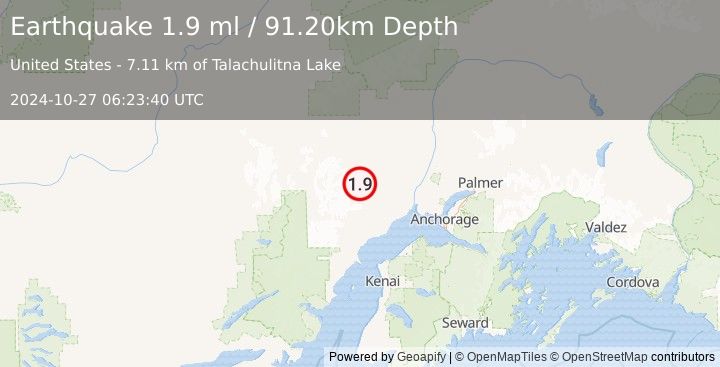 Earthquake 48 km SSW of Skwentna, Alaska (1.9 ml) (2024-10-27 06:23:40 UTC)