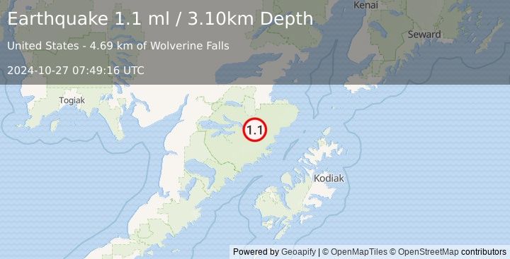 Earthquake 95 km S of Kokhanok, Alaska (1.1 ml) (2024-10-27 07:49:16 UTC)