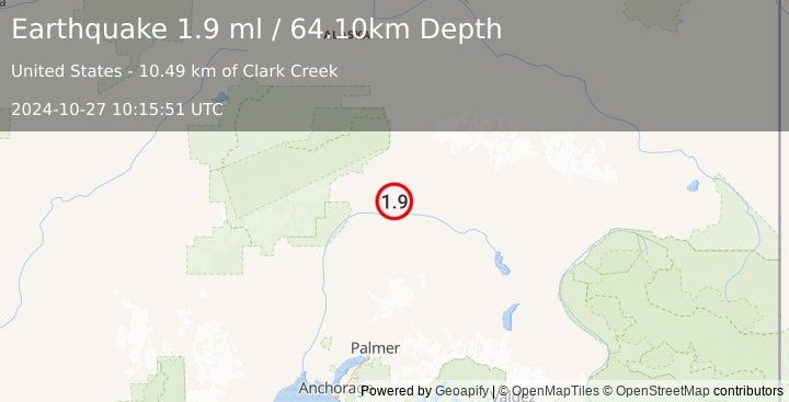 Earthquake 48 km SSE of Cantwell, Alaska (1.9 ml) (2024-10-27 10:15:51 UTC)