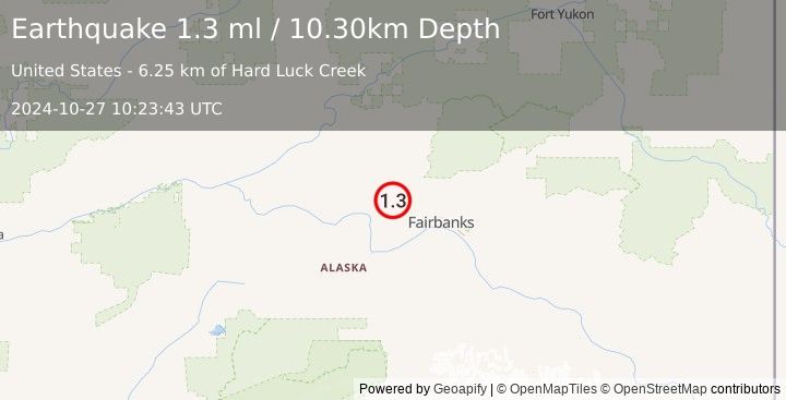 Earthquake 34 km ESE of Minto, Alaska (1.3 ml) (2024-10-27 10:23:43 UTC)