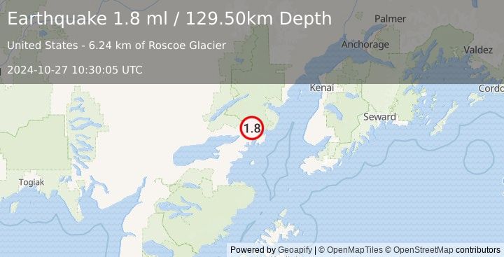 Earthquake 39 km ENE of Pedro Bay, Alaska (1.8 ml) (2024-10-27 10:30:05 UTC)