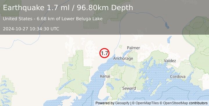 Earthquake 32 km NNW of Beluga, Alaska (1.7 ml) (2024-10-27 10:34:30 UTC)