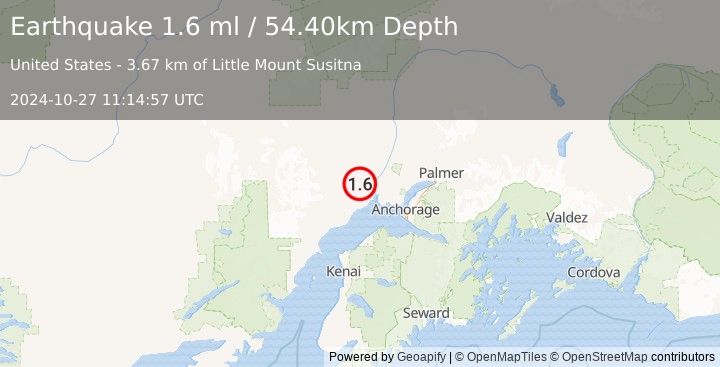 Earthquake 21 km WSW of Susitna, Alaska (1.6 ml) (2024-10-27 11:14:57 UTC)