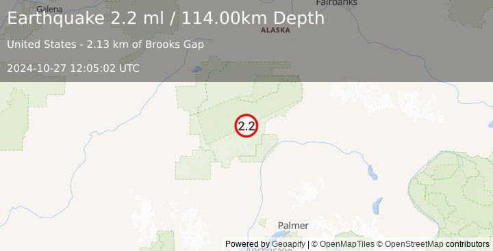 Earthquake 66 km N of Petersville, Alaska (2.2 ml) (2024-10-27 12:05:02 UTC)