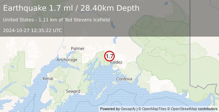 Earthquake 34 km NW of Valdez, Alaska (1.7 ml) (2024-10-27 12:35:22 UTC)