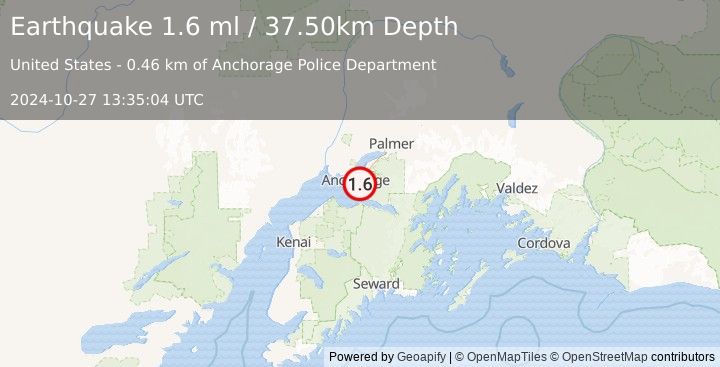 Earthquake 7 km SE of Anchorage, Alaska (1.6 ml) (2024-10-27 13:35:04 UTC)