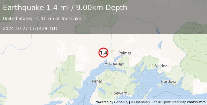 Earthquake 14 km WNW of Susitna, Alaska (1.4 ml) (2024-10-27 17:14:06 UTC)