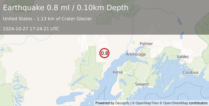 Earthquake 64 km WNW of Tyonek, Alaska (0.8 ml) (2024-10-27 17:24:21 UTC)