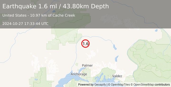 Earthquake 43 km ENE of Chase, Alaska (1.6 ml) (2024-10-27 17:33:44 UTC)