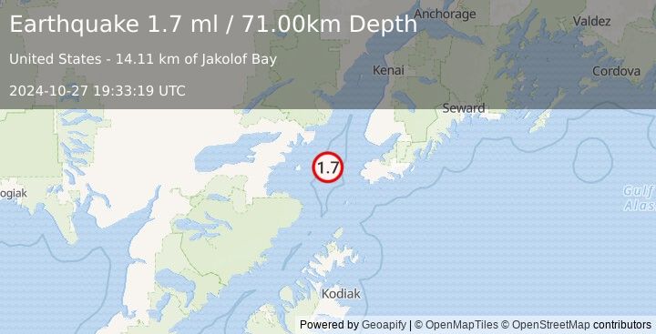 Earthquake 45 km W of Nanwalek, Alaska (1.7 ml) (2024-10-27 19:33:19 UTC)