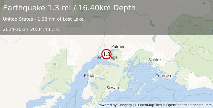 Earthquake 3 km SSE of Point MacKenzie, Alaska (1.3 ml) (2024-10-27 20:04:48 UTC)