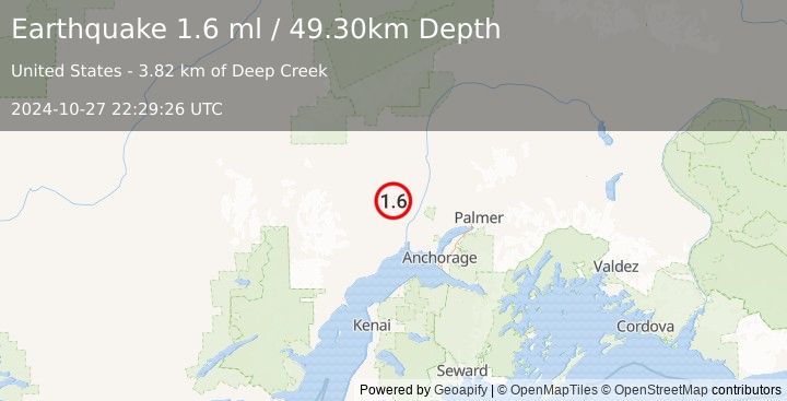 Earthquake 29 km NW of Susitna, Alaska (1.6 ml) (2024-10-27 22:29:26 UTC)