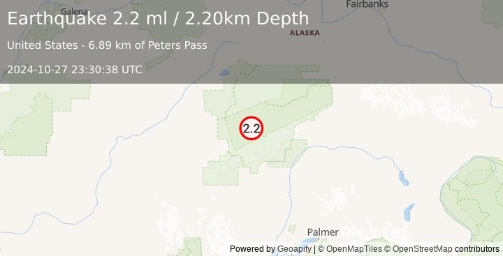 Earthquake 50 km SSE of Denali National Park, Alaska (2.2 ml) (2024-10-27 23:30:38 UTC)