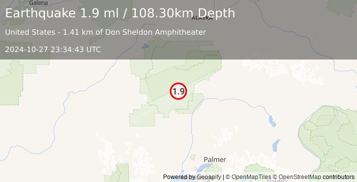 Earthquake 56 km N of Petersville, Alaska (1.9 ml) (2024-10-27 23:34:43 UTC)