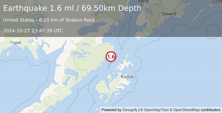 Earthquake 66 km NW of Aleneva, Alaska (1.6 ml) (2024-10-27 23:47:39 UTC)