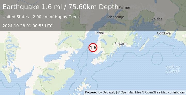 Earthquake 3 km WSW of Happy Valley, Alaska (1.6 ml) (2024-10-28 01:00:55 UTC)