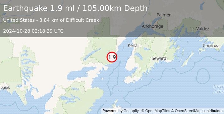 Earthquake 61 km WNW of Happy Valley, Alaska (1.9 ml) (2024-10-28 02:18:39 UTC)