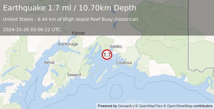 Earthquake 18 km W of Tatitlek, Alaska (1.7 ml) (2024-10-28 03:06:22 UTC)